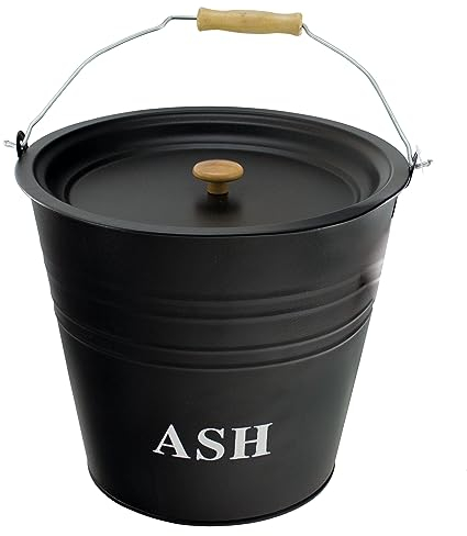 Almineez 12L Steel Ash Bucket with Lid Wooden Handle Fireside Bucket Fireplace Bucket Ash Pale Fireplace Charcoal Logs BBQ Coal Storage Holder Firepits Hearth Wood Burning Stoves Indoor and Outdoor