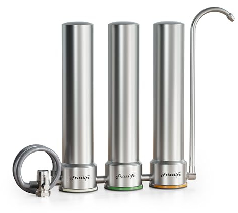 Frizzlife TS99-S Countertop Water Filter System, 9-Stage Stainless Steel Faucet Water Filtration, 0.5 Micron NSF Certified Elements Reduces 99.99% Lead, Chlorine, Heavy Metals, Scale and Limes