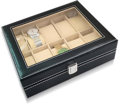 Retoo Uhrenbox, 10 Fächern, Glasabdeckung, Uhre, Herausnehmbaren, Größe, 25,4x7,8x20,2cm Uhrenpolstern, Gehäuse, Samtfutter, Herren, Organizer, Schwarz
