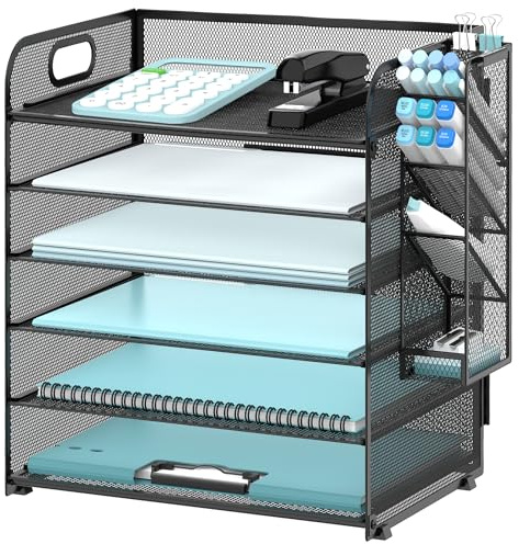 SUPEASY Organizador de Escritorio de 6 Niveles con 4 Soportes para bolígrafos, Organizador de Papel de Malla con asa, Bandeja organizadora de Escritorio para Carpeta de Archivos A4, Color Negro