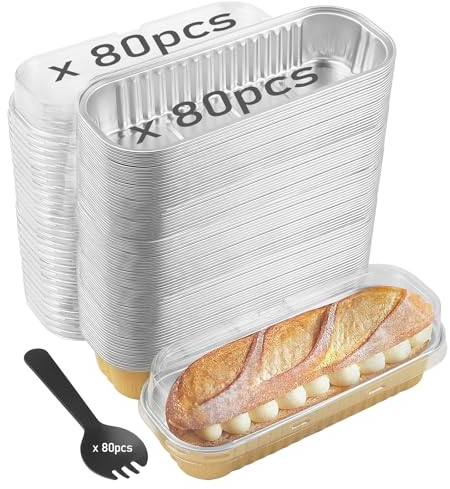 HAKZEON Juego de 80 mini moldes para pan de papel de aluminio de 240 piezas con accesorios para tapas, forros rectangulares de papel de aluminio para pan de 6,8 oz y 200 ml, recipiente para pan de pap