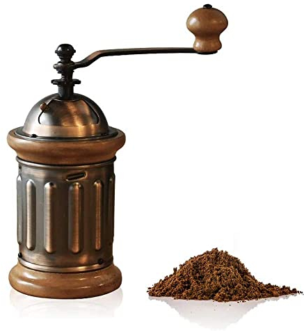 HWSY Molinillo de café Manual con Rebabas de Acero Inoxidable, Cuerpo de Cobre Antiguo con Adornos de Madera Maciza para café por Goteo, expreso, 9 cm x 9 cm x 22 cm, marrón Interesting