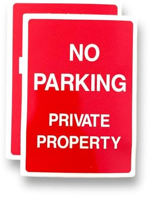2 PACK - 100mm X 140mm No Parking Private Property Self Adhesive Stickers - White/Red, No Unauthorised Vehicles, Sign, Caution, Driveway Warning, Private Property SG178