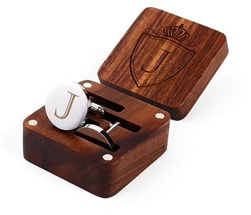 Mens Initial Silver Cufflinks A-Z Alphabet Letter Steel Cuff Links with Engraved Walnut Wood Box Groom Groomsman Wedding Set (J)