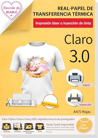 TransOurDream Real - Papel de Transferencia Fácil de Usar. Sin Impresión de Espejo A4x5 Hojas Papel Transfer Para Camisetas Blancas y Tejitos Claros Plancha Térmica Camiseta,