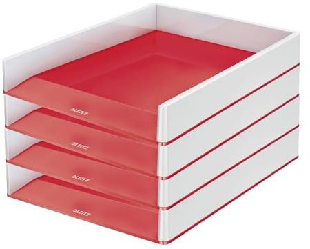 Leitz WOW A4 Briefablage, 4er Pack, Briefablage in Premium-Qualität, Stapelbares Ablagefach als Schreibtisch-Organizer, Ideal für Büro, Home Office & Schule, Rot, 53611026