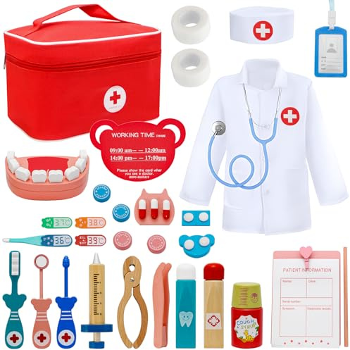 Arztkoffer Kinder ab 3 Jahre - 31-teiliges Holzspielzeug Doktorkoffer Mit Echtem Stethoskop Role Play Arztkittel Spielzeug 3 Jahre mit Thermometer Tragbarem Beutel Geschenk für ab 3 4 5 6