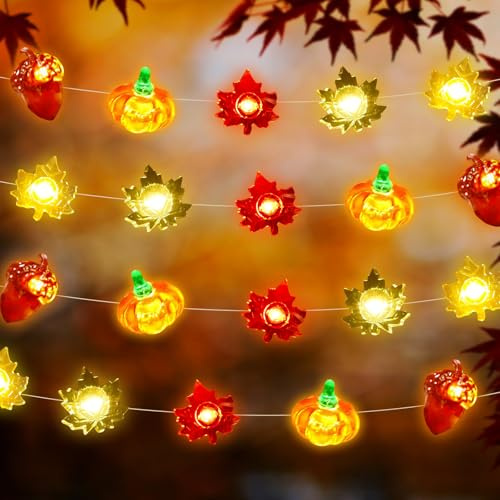 Leonshco Herbstdeko Lichterkette, 3D Herbst Ahornblatt Lichterketten mit Kürbis Eichel, 300cm 30 LED Batteriebetrieben - Perfekte Outdoor & Indoor Dekoration für Halloween Erntedankfest Weihnachten