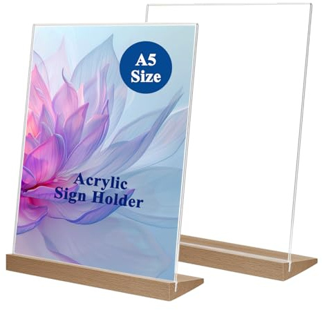 2 Stück Acryl Aufsteller A5, L Form Acrylic Stand mit Holz Sockelboden | Preisschilder Aufsteller, A5 Werbeaufsteller Acryl Schilderhalter für Hochzeit Restaurant Büro Cafe Acrylic Stand Table
