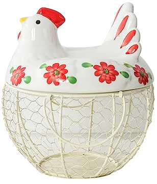 Egg Storage Baskets Frische Eier Küche Arbeitsplatte Lagerung Organisation Egg Dispenser Keramik Huhn Deckel mit Drahtkorb hält 20-25 Eier