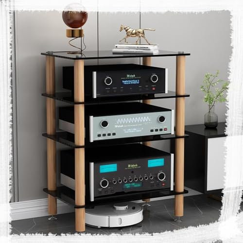 HAEKEBC HiFi Audio Video Geräteschrank Massivholz Gehärtetes Glas Verstärkerschrank Professionelles Rack Audio Tower Mehrschichtiger Stoßfester Medienständer(Black,4 Tier)