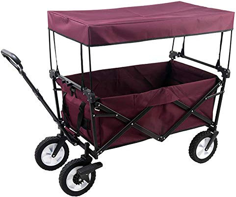NZPOST Foldable Folding Wagon Cart Utility Garden Cart Foldable Outdoor Trolley with Sun/Rain Shade80 kg/176 Pounds Capacity Push Bar for Shopping Beach Lawn (D)