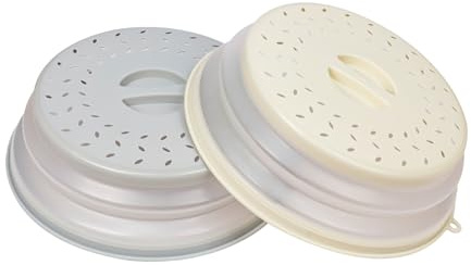 EASYLOCK 2PCS Collapsible Microwave Cover for Food Microwave Plate Cover with Grip Handle Microwave Splatter Guard (Grey and Beige)