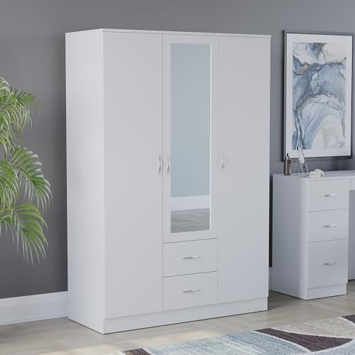 Vida Designs Riano Wardrobe, With Shelf & Hanging Rail Bedroom Storage Furniture (White, 3 Door Mirrored)