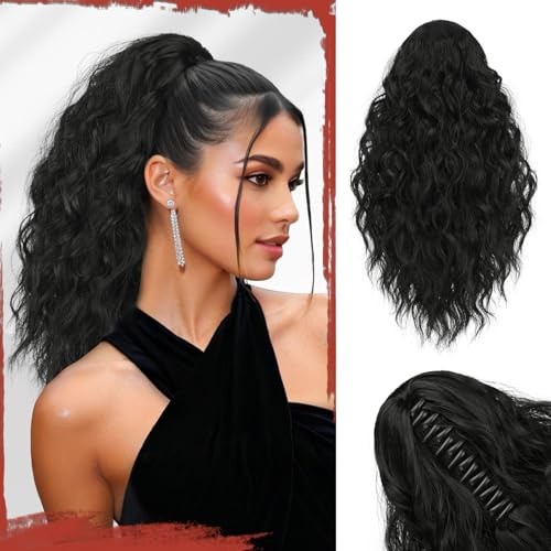 Sofeiyan Pferdeschwanz Haarteil mit Klauenclip, 41 cm Lockig Wellig Zopf Extension Synthetisches Kunsthaar Clip in Haarverlängerung für Damen, Schwarz