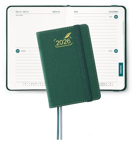 BEZEND Mini Pocket Diary 2026 A7 12 x 8 cm, Slimline 2 Days per Page (4 Pages 1 Week) to View, Palm-sized Bi-Daily Planner 2026 with PU Leather Hardback, Evergreen