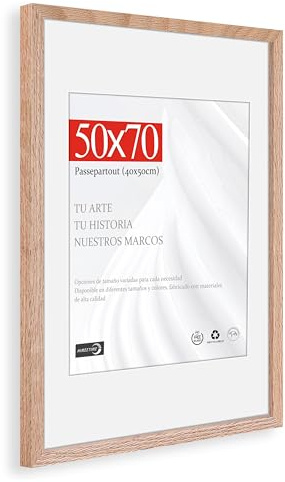HIMEETIME® 1x Cornice Foto in Legno Quercia 50x70 cm，Passepartout 40x50cm,Cornice 50x70 con Vetro artificiale infrangibile- Cornice per Grande Quadro,Poster-Solo esposizione da parete