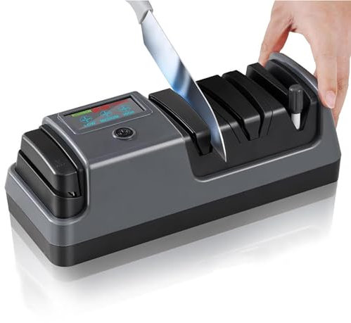 MObyat Aiguiseur de Couteaux électrique 3ème Vitesse, aiguiseur électrique Professionnel 3 étapes pour Couteaux de Cuisine, écran LCD, 100% Diamant abrasif, pour Couteaux Droits, dentelés
