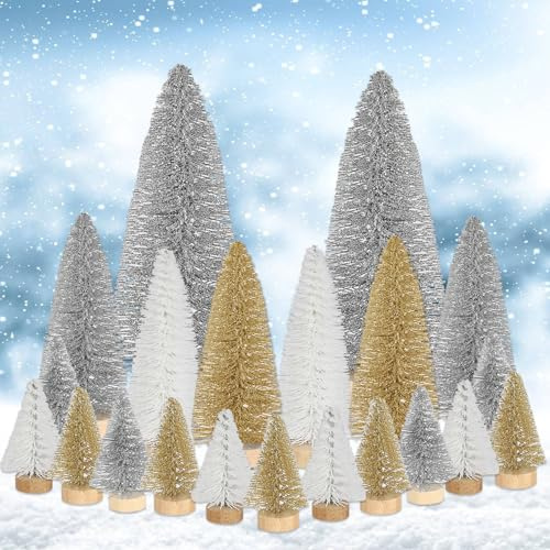 21 Stück Mini Tannenbaum Deko, Künstlich Miniatur Weihnachtsbaum, Klein Christbaum Silber Weiß Gold 4.5/10/15cm Tree für Weihnachtsdeko Tisch, Winterdeko, Weihnachtsdorf Zubehör DIY