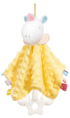 Zooawa Loveys for Babies, Security Blanket Soft Stuffed Animal Lovey Unisex Lovie Baby Stuff Snuggle Blanket with Tags Teether Bells, Soothing Plush Toys Baby Gift for Newborn, Yellow Unicorn