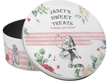 Purely Home Alices Adventures in Wonderland Personalised Cake Tin - Colourful Storybook Homeware Gifts Small Round Metal Storage Container for Baking 18 x 7cm