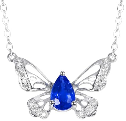 Calefee Halskette Labor Saphir, Damen Kettenanhänger Weißgold 585 mit Labor Saphir 0.6ct und Diamant, Echtschmuck für Frauen