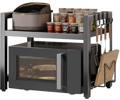 Yeqqzq Extendable Microwave Oven Rack, Microwave Stand, Microwave Shelf | Adjustable Kitchen Counter Shelf, 2 Tier Microwave Stand with 6 Hooks for Kitchen Countertop Organizer, Kitchen Storage