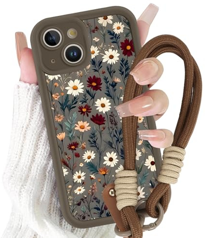 Phoona Cute Flower for iPhone 14 6.1 Phone Case, Floral Aesthetic Girly Phone Case with Phone Charms Chain Bracelet,Soft Shockproof Protective Cover Funda Cover for Women Girls