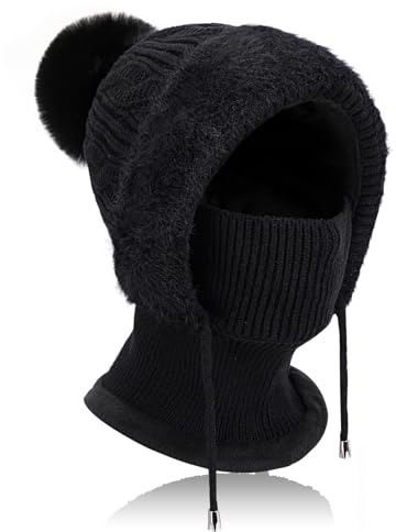 AYPOW Winter Knitted Warm Hat Cap Snood for Women, Windproof Slouch Womens Balaclava Face Mask Neck Warmer Beanie Hats with Hairball, Soft Thermal Fleece Lined Woolly Hat Scarf Set Hooded Outdoor Ski