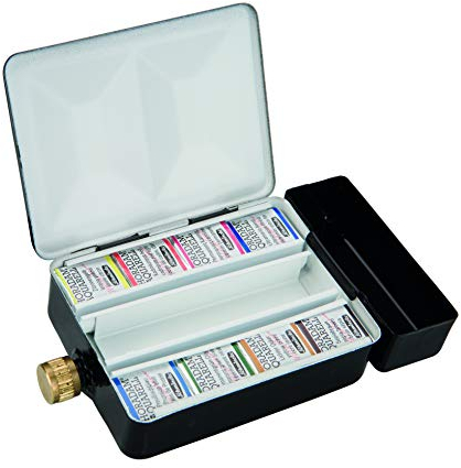 Schmincke – HORADAM AQUARELL Kleiner Farbkasten mit 8 feinsten Aquarellfarben und Wassertank, 74 408 097, Metallkasten, Reisekasten, 8 x 1/2 Näpfchen, Urban Sketching