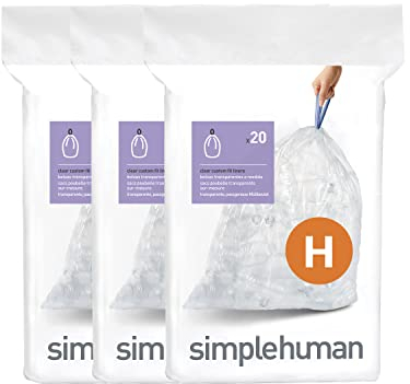 simplehuman CW0286 code H Custom Fit Bin Liner Bulk Pack, Clear Plastic (3 Pack of 20, Total 60 Liners)