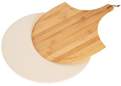 bremermann Set di 2 pietre per pizza con sollevatore per pizza, cordierite, rotonda, Ø 38 cm, pala per pizza in bambù