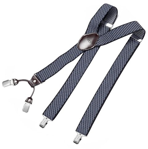 DonDon herr hängslen 3,5 cm breda 4 clips med brunt läder i Y-form elastiska och längdjusterbara - Randig-blå vit