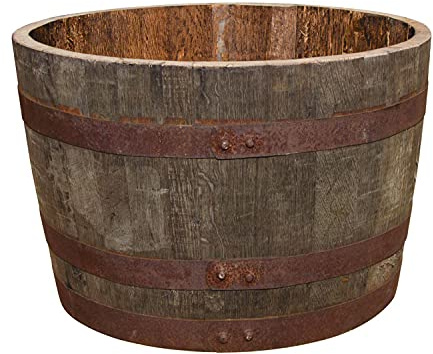 Temesso Maceta de Madera, Medio Barril macetero para jardín, Media barrica decoración - Medio Barril de Whisky - Madera Natural (con Orificios para el Drenaje del Agua)