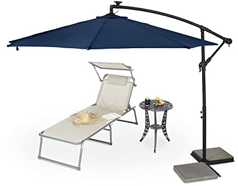 Relaxdays Ampelschirm mit Kurbel, ∅ 300 cm, mit LEDs, inkl. Schutzhülle, schwenkbar, XXL Sonnenschirm mit Ständer, blau