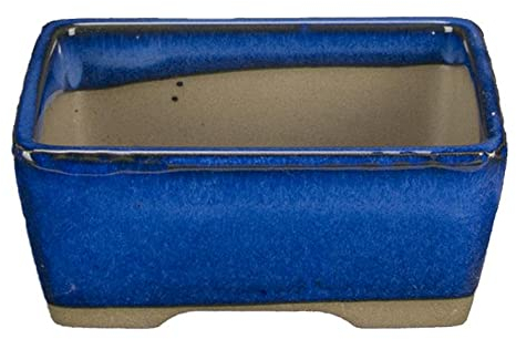 Rechteckige japanische Bonsaischale Morrisan aus blau glasiertem Steinzeug 9x7x3,5 cm - B02-8-4B