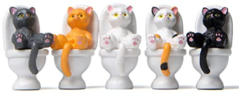 Lot de 5 figurines de chat assis sur les toilettes, mini figurines de chat de toilettes, décorations de bureau, statues de jardin d'animaux de dessin animé pour paysage