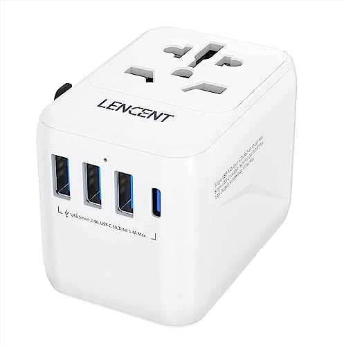 LENCENT Adattatore Universale da Viaggio, Adattatore Spina USA EU UK AUS, Caricatore Internazionale con 3 USB e 1 USB-C per Cellulari Laptop, Tutto in Uno Adattatore Spina per Oltre 200 Paesi -Bianco