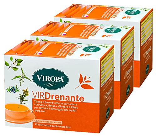 VIROPA VirDrenante - 15 Filtri, Senza Punto Metallico - Tisana A Base Di Erbe, Con Ortica e Ribes, Favorisce Il Drenaggio Dei Liquidi Corporei (3 Confezioni)