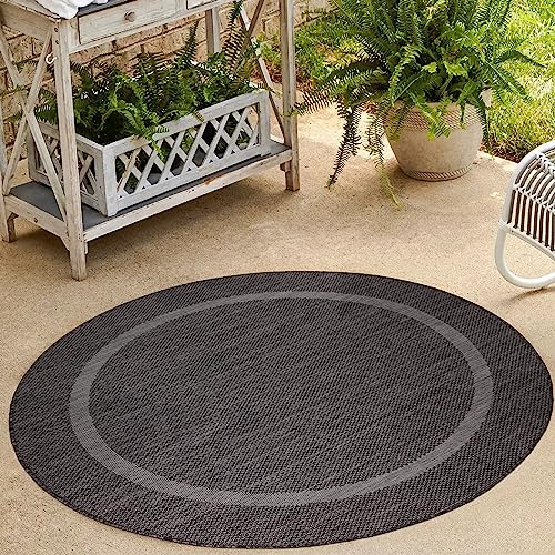 HomebyHome Outdoor Teppich Rund 120 cm Schwarz Bordüre Design Flachgewebe Wetterfest Waschbar für Wohnzimmer Schlafzimmer Kinderzimmer Balkon Terrasse