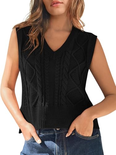 Tongmingyun Chaleco de punto para mujer sin mangas con cuello en V, suéter básico de punto, chaleco de punto unisex, monocolor, tank top para negocios y ocio, Negro , XXL