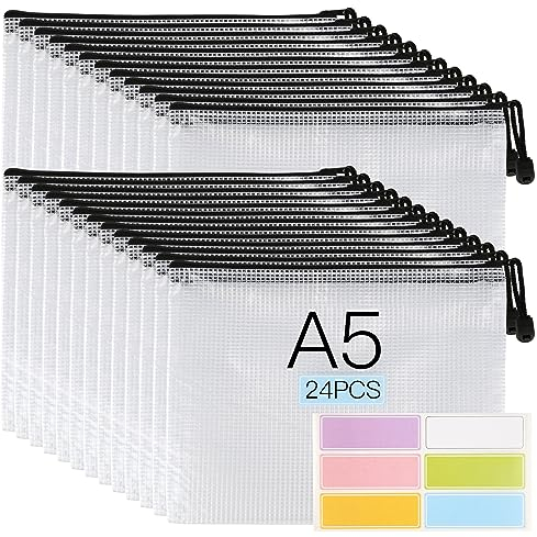 Dokumententasche A5, 24 Stück Zipper Beutel Wasserdichte Dokumententasche Reißverschluss, Mesh Bag Kunststoff Dokumententasch Transparent für Bürobedarf, Dokumente, Papier, Reise, Kosmetika