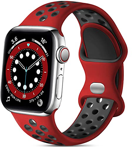 Epova Sport Armband Kompatibel mit Apple Watch Armband 42mm 44mm 45mm 46mm 49mm, Atmungsaktives Weiches Silikon Armband Kompatibel mit iWatch SE 3 Series 11 10 9 8 7 6 5 4 3 Ultra,Rot/Schwarz