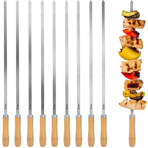 BBQ-Toro Set de brochettes en acier inoxydable avec poignée en bois (10 pièces) | 54 cm | Brochettes pour shish kebab, brochettes à viande | Accessoires pour barbecue, pour tourne-broche