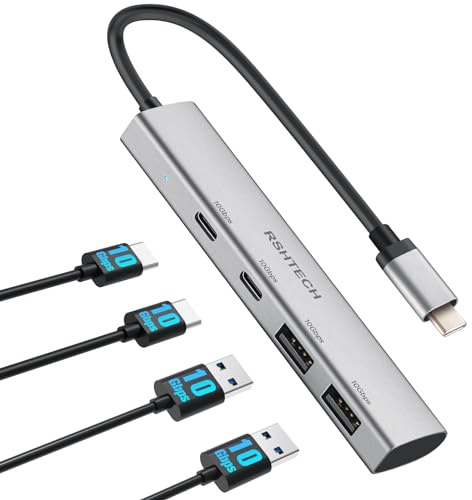 10Gbps USB C Hub, RSHTECH 4-Port USB 3.1/3.2 Gen2 Hub mit 2 Type-A & 2 Type-C Datenports Portable Multiport Adapter Ultra Slim Aluminum, Splitter Datenhub für MacBook M2 M1, RX05