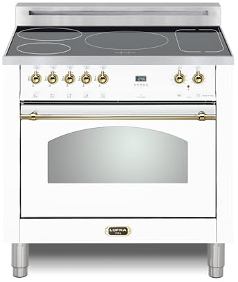 Lofra DolceVita Series 36 Inch Induction Freestanding Range Oven Stove, 5 Heating Zones,1 Bridge Zone, Power Boost, Convection, 9 Cooking Modes, Knobs and Handrail in Brass, White