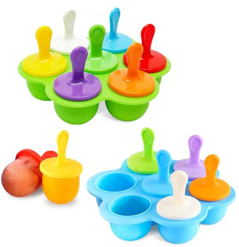 mizikuu Eisformen Silikon, 2 Satz 7 Mulden Eisform mit Bunten Kunststoffstäbchen BPA Frei Mini Eisförmchen Stieleisformer Popsicle Formen Kinder zum Einfrieren Obst oder Joghurt, Blau Und Grün