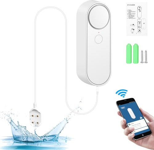 BuyWeek Vattenläckagedetektor, wi-fi vattenläcka sensorlarm 90 dB högt vattenlarm smart vattensensor med Tuya APP-övervakning, för kök badrum källare, 2 m detekteringslinje (färg: Vattenläcka)