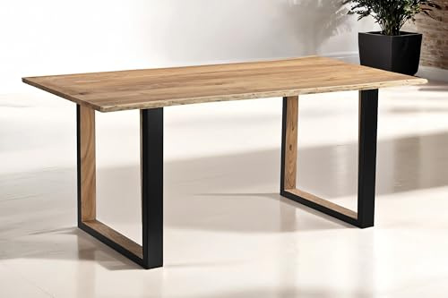 SAM Esstisch Brisbane 140x80 cm Akazie Natur Baumkante U Holz/schwarz | Baumkantentisch massiv, Akazienholz naturfarben, Holz-Inlet innen, Metallgestell, pflegeleichter Esszimmertisch