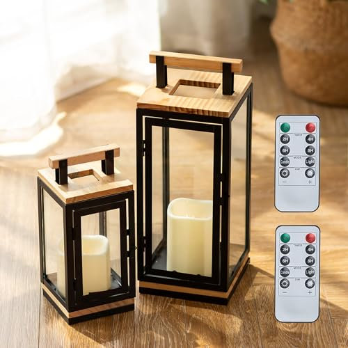 NUPTIO Wooden Candle Lanterns Set: 34cm&23.5cm Tall LED Pillar Candle Decorative Hanging Lantern for Living Room Outdoor Indoor Floor Christmas Candle Holders Metal Fireplace with Timer